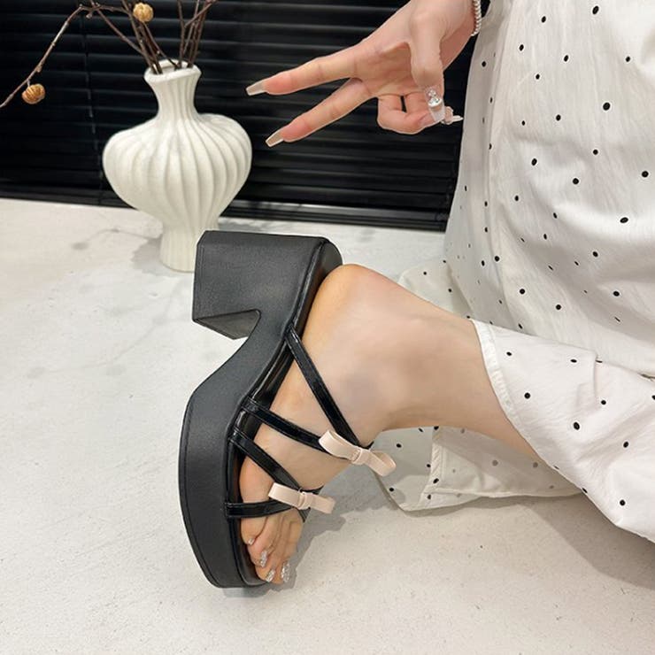 くびれヒール厚底リボンサンダル ミュールサンダル チャンキーヒール | COCOMOMO | 詳細画像8 