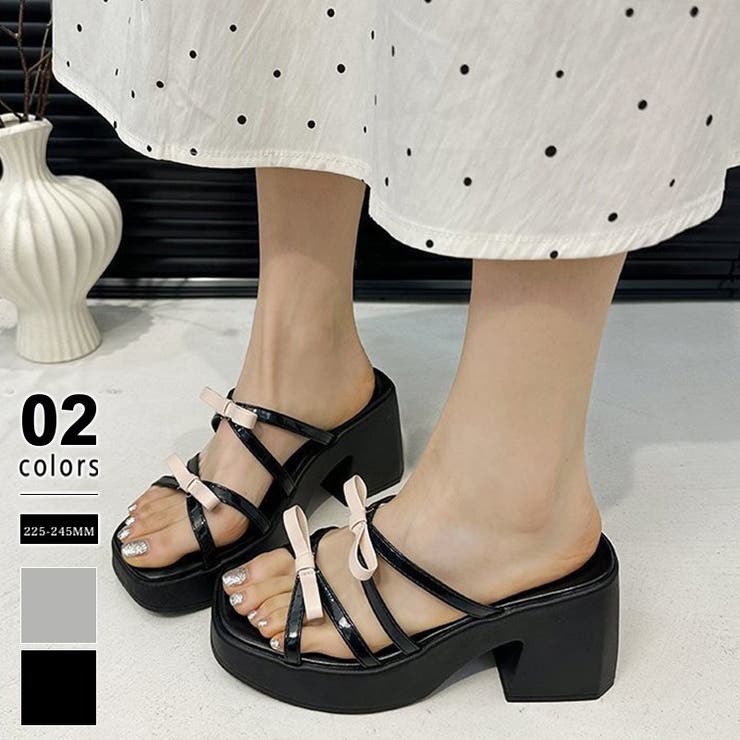 ブラック | くびれヒール厚底リボンサンダル ミュールサンダル チャンキーヒール | COCOMOMO