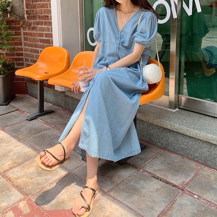 コヒナ デニム シャツワンピース パフスリーブ 2way Vネック ブルー