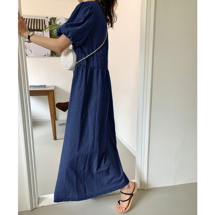 デニムワンピース vネックワンピース パフスリーブ[品番