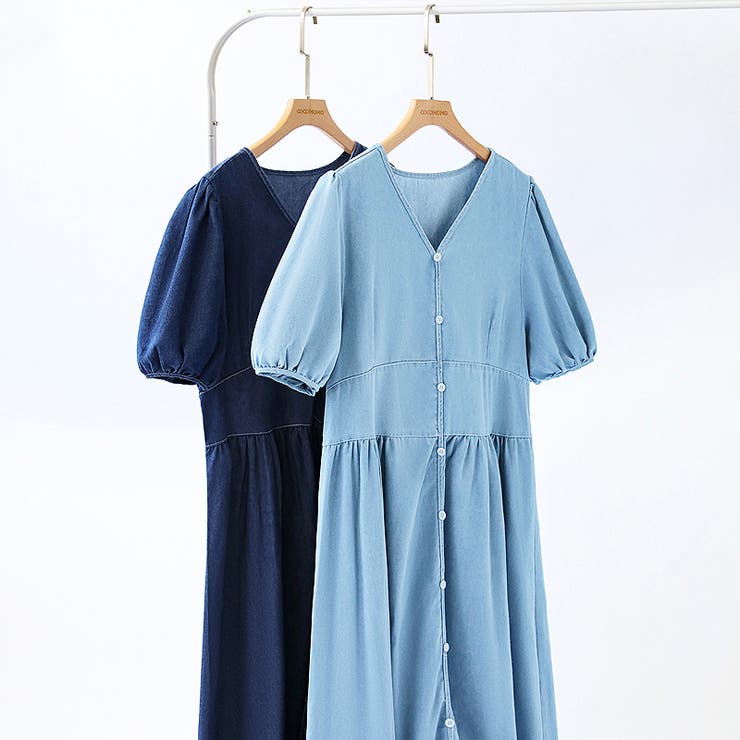 デニムワンピース vネックワンピース パフスリーブ[品番：COCW0006424