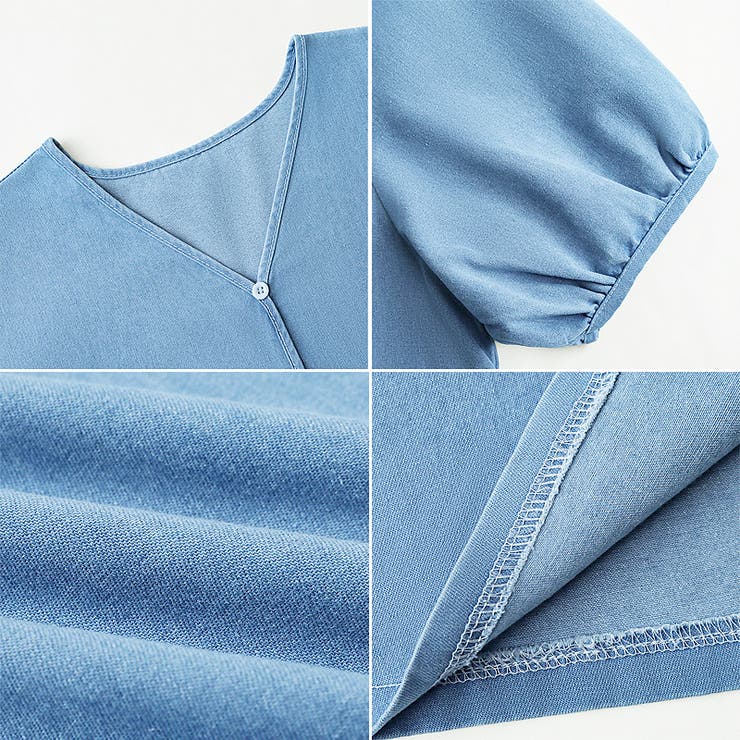 デニムワンピース vネックワンピース パフスリーブ[品番