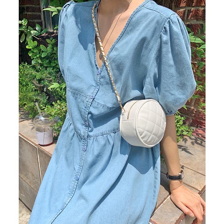 コヒナ デニム シャツワンピース パフスリーブ 2way Vネック ブルー デニムワンピース vネックワンピース パフスリーブ[品番