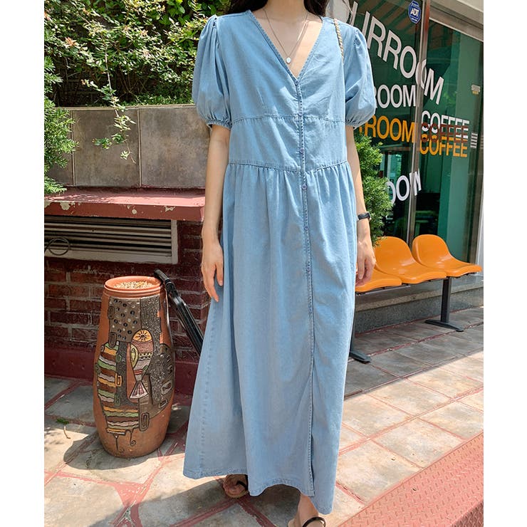 デニムワンピース vネックワンピース パフスリーブ[品番：COCW0006424