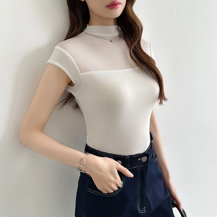 切り替えシアートップス フレンチスリーブ シアーカットソー | COCOMOMO | 詳細画像2 