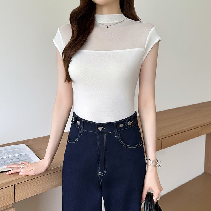 切り替えシアートップス フレンチスリーブ シアーカットソー | COCOMOMO | 詳細画像7 