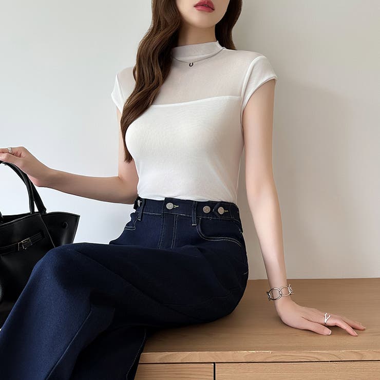 切り替えシアートップス フレンチスリーブ シアーカットソー | COCOMOMO | 詳細画像8 