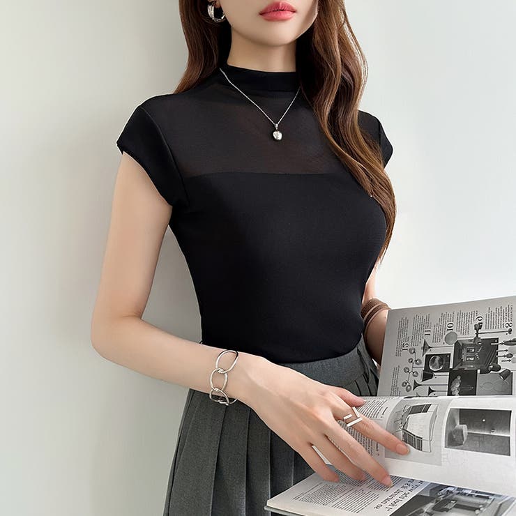 切り替えシアートップス フレンチスリーブ シアーカットソー | COCOMOMO | 詳細画像19 