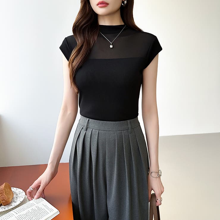 切り替えシアートップス フレンチスリーブ シアーカットソー | COCOMOMO | 詳細画像24 