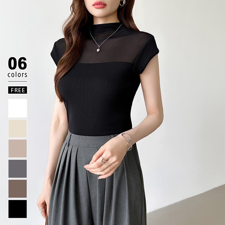 ブラック | 切り替えシアートップス フレンチスリーブ シアーカットソー | COCOMOMO