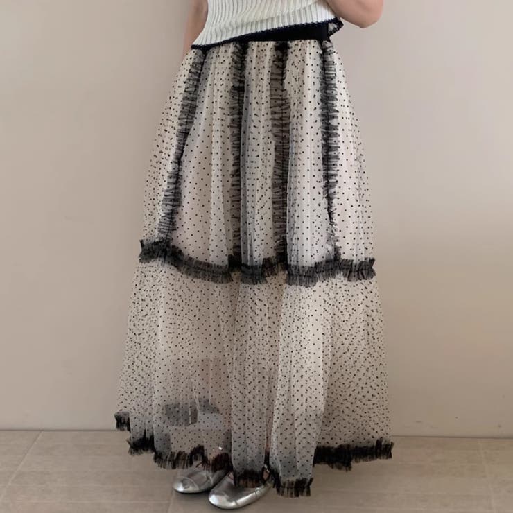 国内配送★セザンヌ 可愛い ドット柄 チュール ロング スカート ドットフリルロングスカート | ファッション通販サイト NUGU
