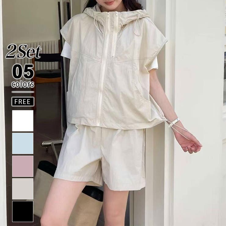 ライトブラウン | パーカーベストショートパンツセット セットアップ 韓国ファッション | COCOMOMO