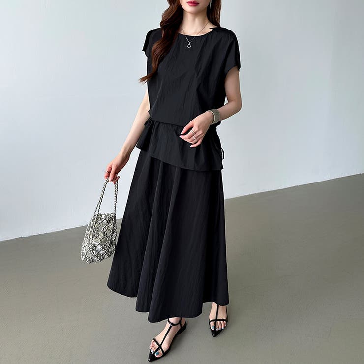 セットアップ夏 ペプラムトップス フレアスカート[品番：COCW0006452