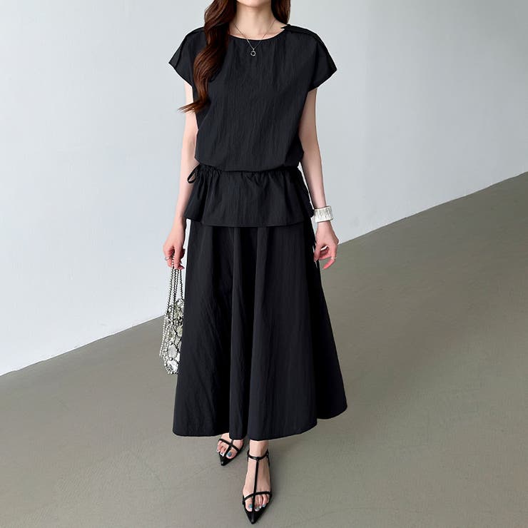 セットアップ夏 ペプラムトップス フレアスカート[品番：COCW0006452