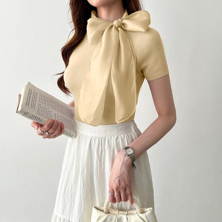 リボンスカーフトップス ボウタイリボン 半袖ニット | COCOMOMO | 詳細画像22 