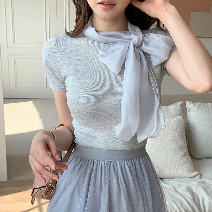 リボンスカーフトップス ボウタイリボン 半袖ニット | COCOMOMO | 詳細画像24 