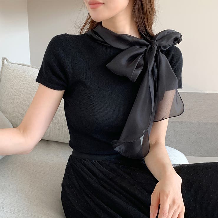 リボンスカーフトップス ボウタイリボン 半袖ニット | COCOMOMO | 詳細画像28 