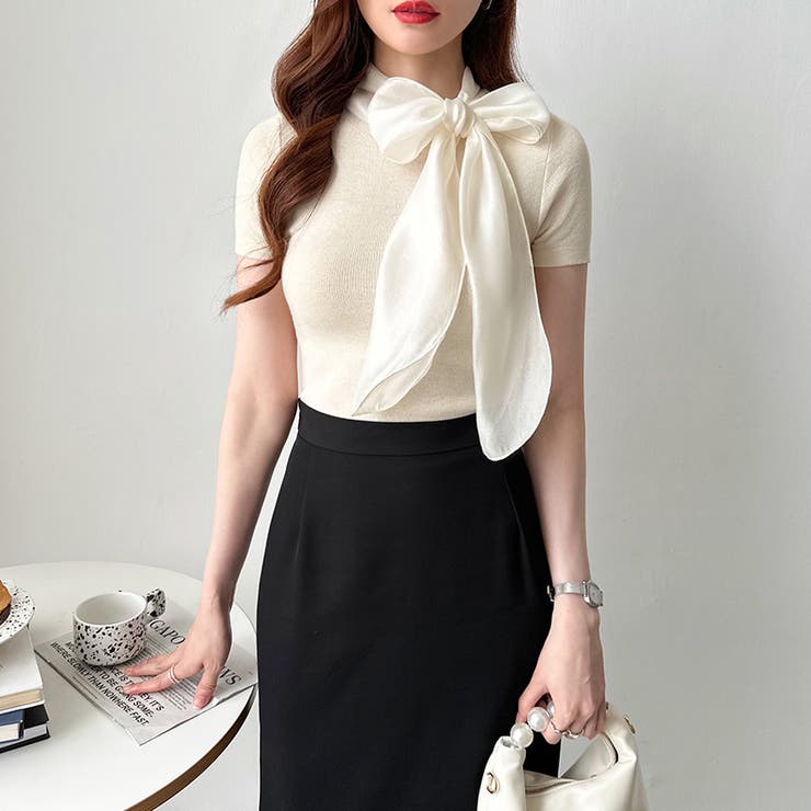 リボンスカーフトップス ボウタイリボン 半袖ニット | COCOMOMO | 詳細画像2 