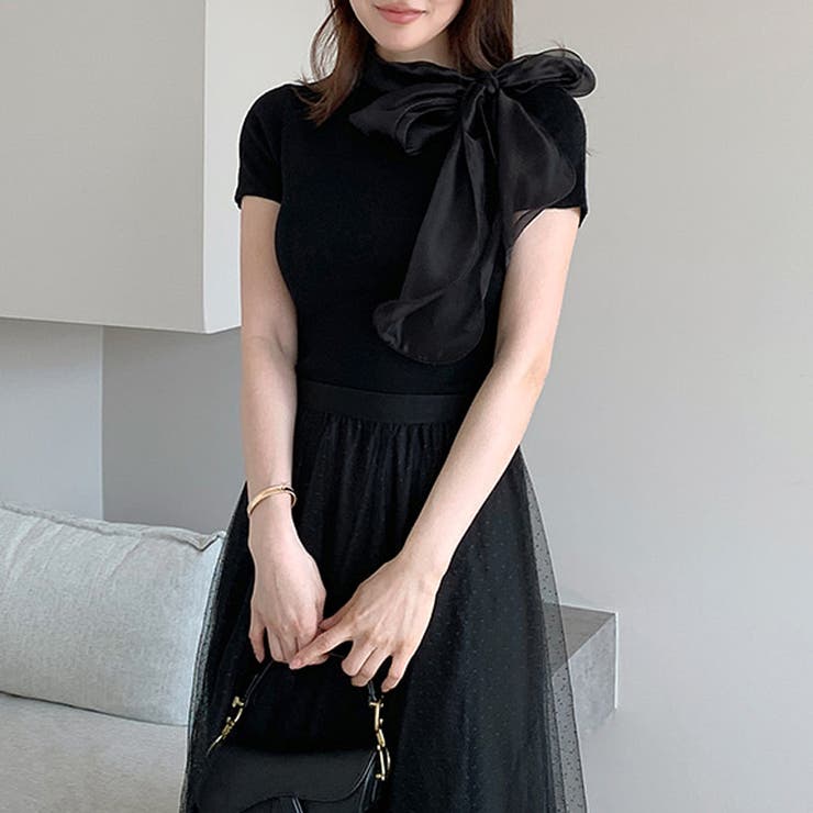 リボンスカーフトップス ボウタイリボン 半袖ニット | COCOMOMO | 詳細画像31 