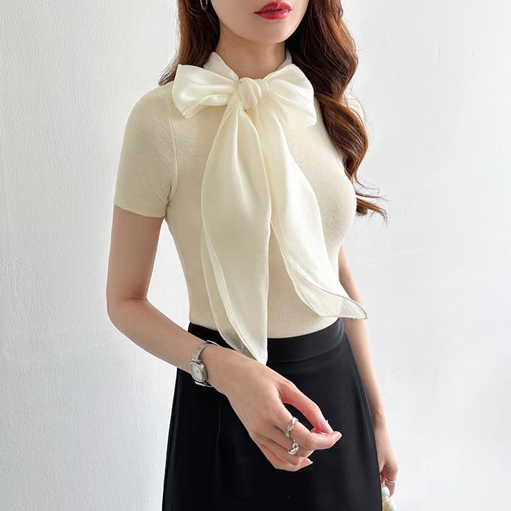 リボンスカーフトップス ボウタイリボン 半袖ニット | COCOMOMO | 詳細画像3 