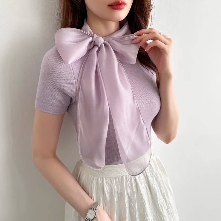 リボンスカーフトップス ボウタイリボン 半袖ニット | COCOMOMO | 詳細画像16 