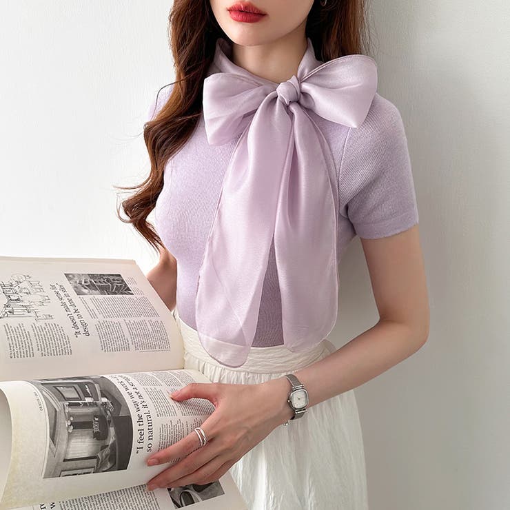 リボンスカーフトップス ボウタイリボン 半袖ニット | COCOMOMO | 詳細画像17 