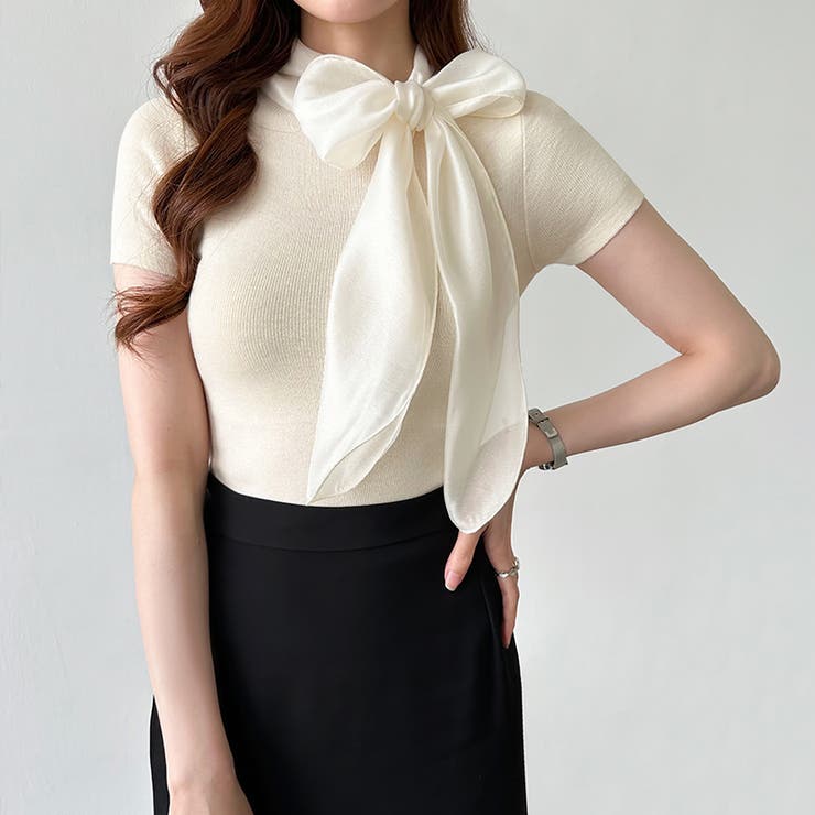 リボンスカーフトップス ボウタイリボン 半袖ニット | COCOMOMO | 詳細画像5 