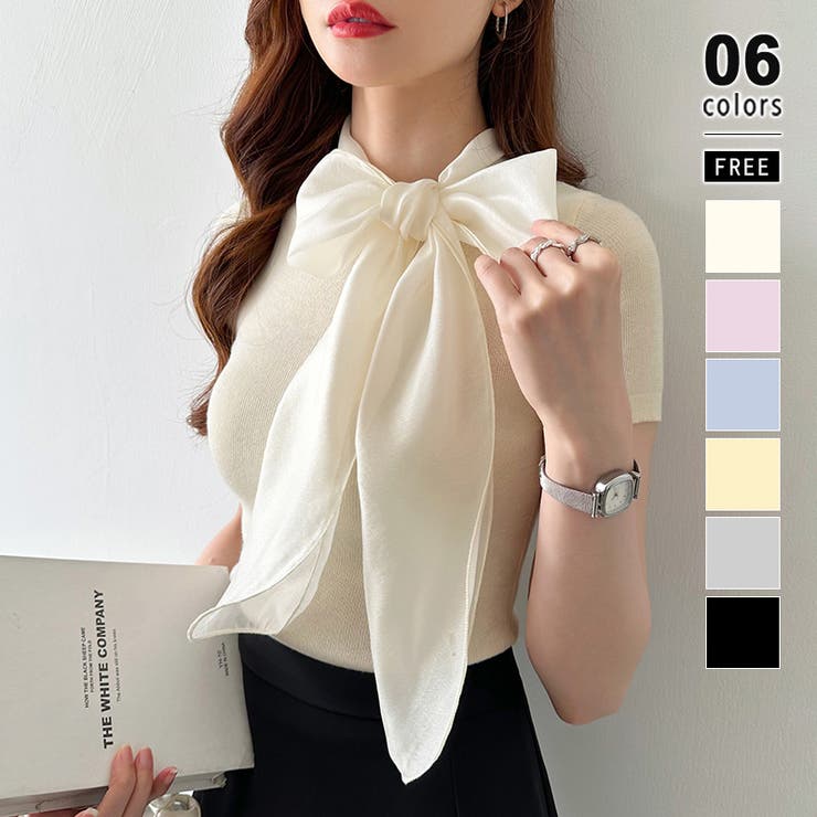 ベージュ | リボンスカーフトップス ボウタイリボン 半袖ニット | COCOMOMO