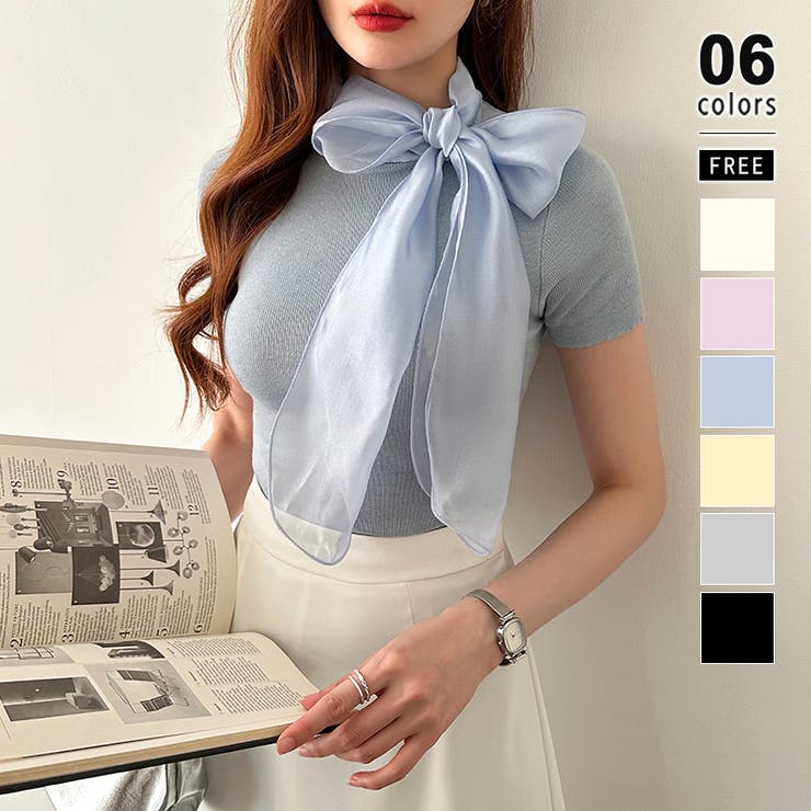 ブルー | リボンスカーフトップス ボウタイリボン 半袖ニット | COCOMOMO