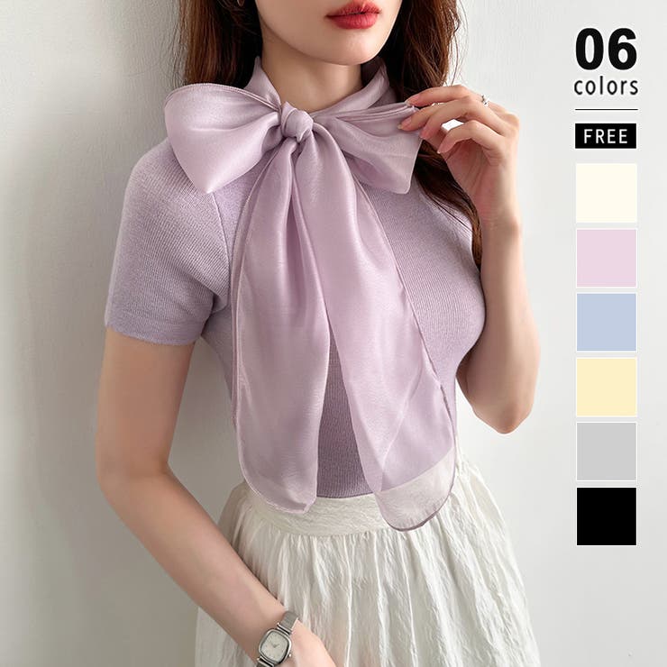 パープル | リボンスカーフトップス ボウタイリボン 半袖ニット | COCOMOMO