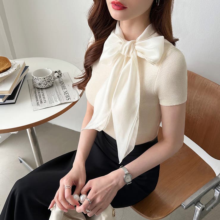 リボンスカーフトップス ボウタイリボン 半袖ニット | COCOMOMO | 詳細画像7 