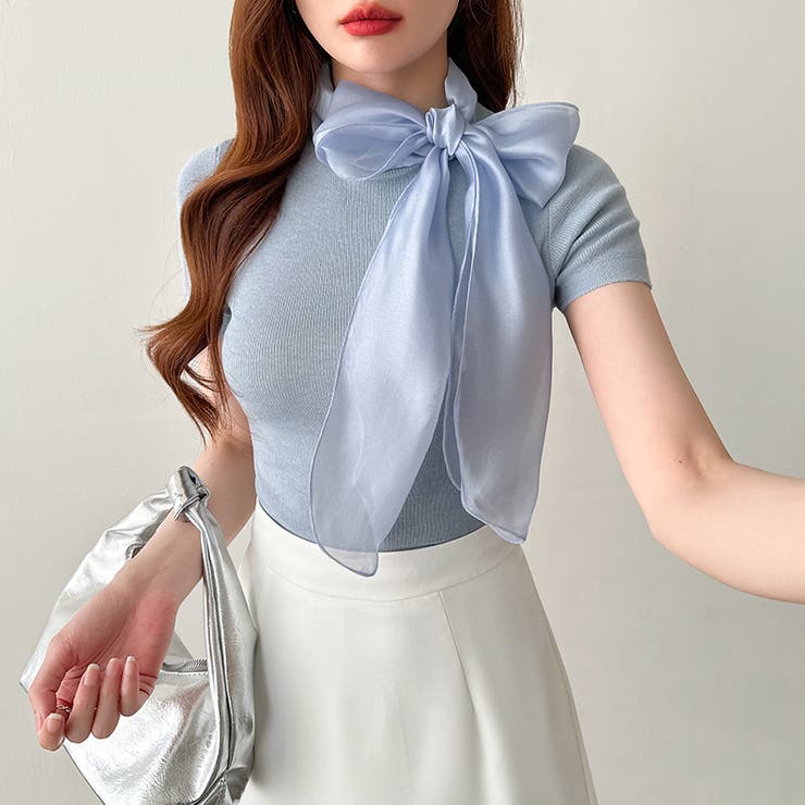 リボンスカーフトップス ボウタイリボン 半袖ニット | COCOMOMO | 詳細画像8 