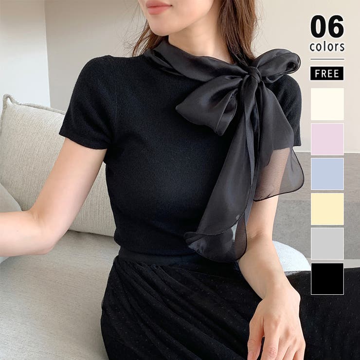 ブラック | リボンスカーフトップス ボウタイリボン 半袖ニット | COCOMOMO