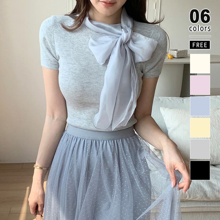 グレー | リボンスカーフトップス ボウタイリボン 半袖ニット | COCOMOMO
