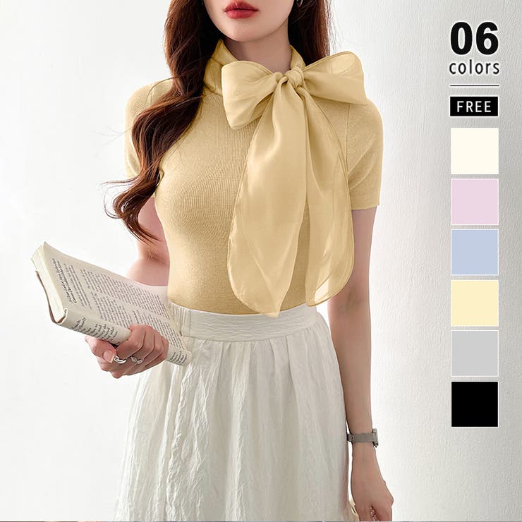 イエロー | リボンスカーフトップス ボウタイリボン 半袖ニット | COCOMOMO