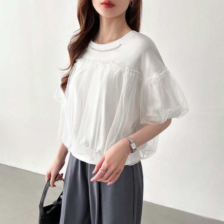 【チュールドッキング】 パール付き チュールトップス | COCOMOMO | 詳細画像1 