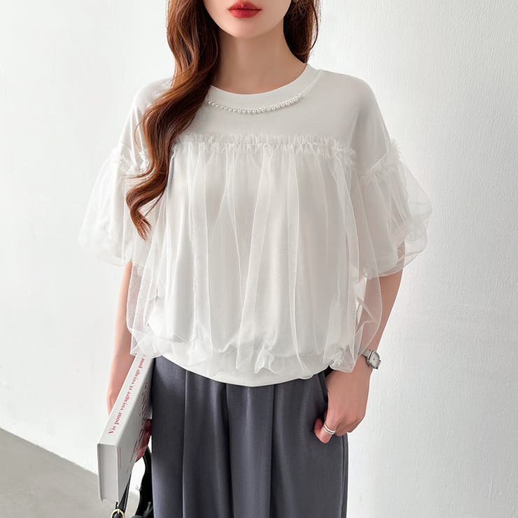 【チュールドッキング】 パール付き チュールトップス | COCOMOMO | 詳細画像3 