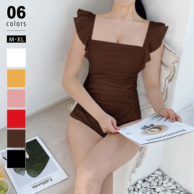 ブラウン | バックオープン フリル水着 モノキニ | COCOMOMO