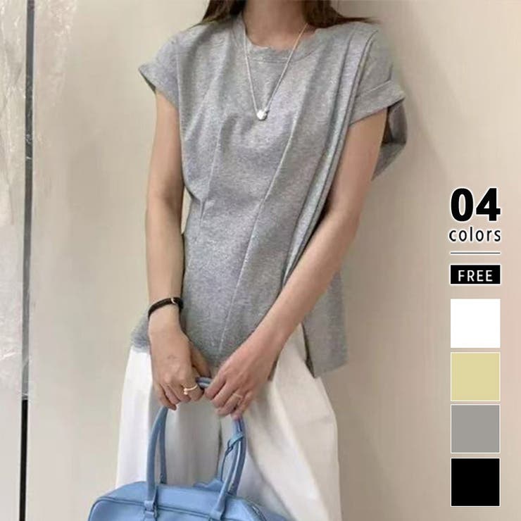 ライトグレー | サイドスリット アシメTシャツ フレンチスリーブ | COCOMOMO