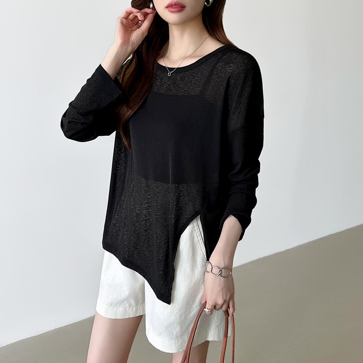 サイドスリットスラブシアーロンT シアートップス シアーカットソー | COCOMOMO | 詳細画像11 