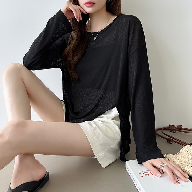 サイドスリットスラブシアーロンT シアートップス シアーカットソー | COCOMOMO | 詳細画像13 