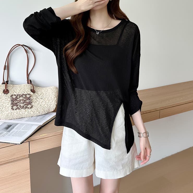 サイドスリットスラブシアーロンT シアートップス シアーカットソー | COCOMOMO | 詳細画像14 