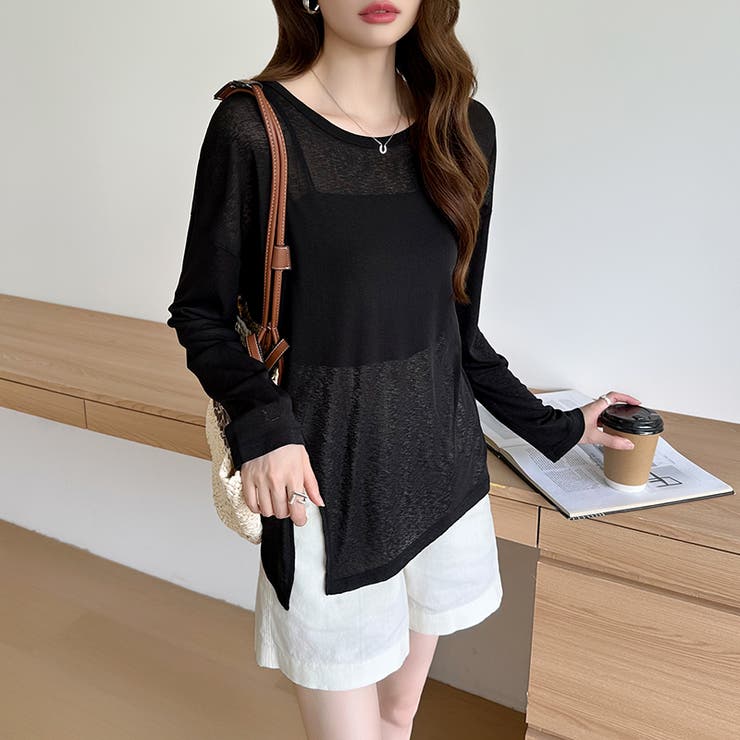 サイドスリットスラブシアーロンT シアートップス シアーカットソー | COCOMOMO | 詳細画像15 