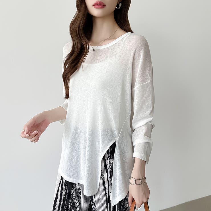 サイドスリットスラブシアーロンT シアートップス シアーカットソー | COCOMOMO | 詳細画像3 