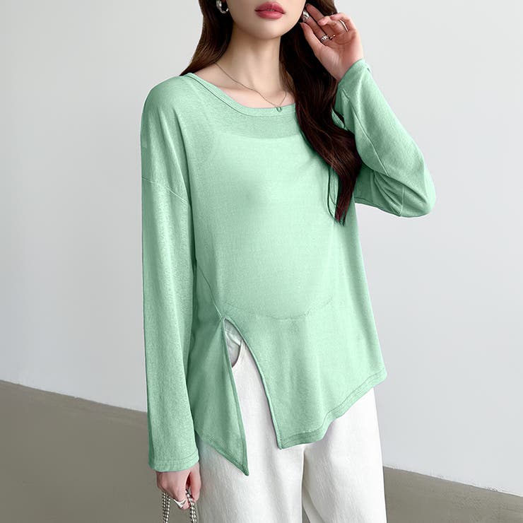 サイドスリットスラブシアーロンT シアートップス シアーカットソー | COCOMOMO | 詳細画像32 