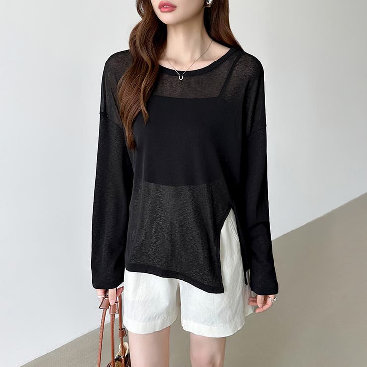 サイドスリットスラブシアーロンT シアートップス シアーカットソー | COCOMOMO | 詳細画像9 