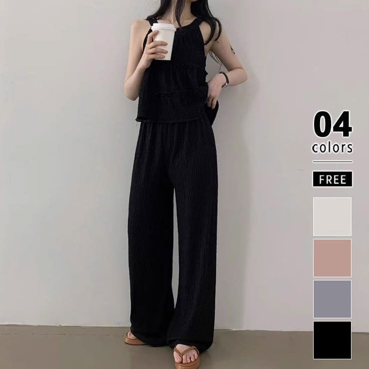 ブラック | アメスリトップス＋ワイドパンツ セットアップ夏 セットアップ | COCOMOMO