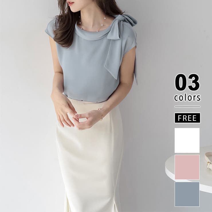 ブルー | ショルダーリボンブラウス ブラウス オフィス | COCOMOMO