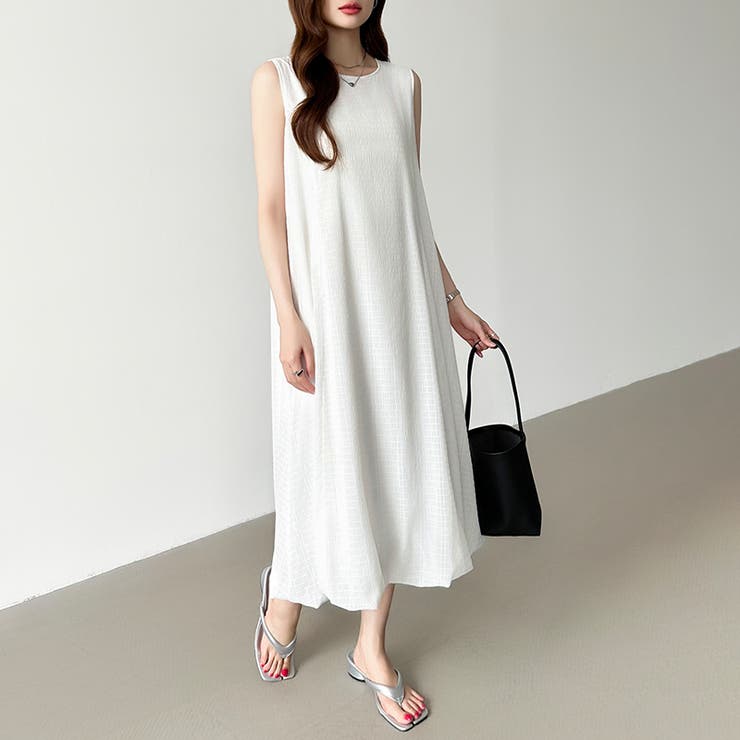 ノースリーブワンピース 楊柳シャーリング 夏ワンピース[品番
