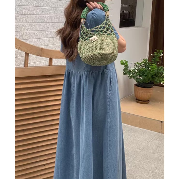 デニムワンピース ロングワンピース フレアワンピース[品番